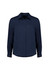 A navy long sleeve women's shirt featuring a collar and button front, with a simple design and branding present.