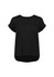 A black short sleeve blouse with a round neckline and rolled sleeves, featuring a slight drop hem and a logo.