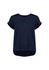 A navy blue women's short sleeve blouse with a round neckline and rolled sleeves, featuring a slightly longer back.