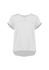 A light grey short sleeve blouse with a round neckline and a slightly longer back hem. It features rolled sleeves and has a logo.