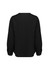 A black long sleeve blouse with a simple design and gathered sleeves. It features a rounded neckline and a logo.