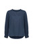 A navy long sleeve blouse with a round neckline and gathered sleeves. It features a subtle sheen and a loose fit.