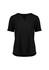 A black women's short sleeve blouse with a V-neck and a relaxed fit. The blouse features ruching details and has a logo.
