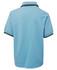 A light blue kids' polo shirt featuring contrasting black trim and a collar, with a logo on the side.