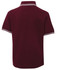 A maroon polo shirt featuring a contrasting collar and cuffs, with a logo present on the design.