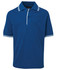 A blue kids' polo shirt featuring white contrast stripes on the collar and sleeves, with a branded logo.