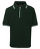A green polo shirt with contrasting white stripes on the collar and sleeve cuffs. The shirt has a logo.