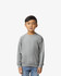 A grey Gildan Heavy Blend youth sweatshirt with a crew neckline and long sleeves, featuring a subtle logo.