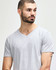 A grey Gildan Softstyle adult v-neck t-shirt displayed on a model with short hair and a beard.