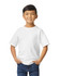 A youth midweight T-shirt in white, worn by a boy with hands in pockets, featuring a round neck and short sleeves.