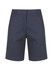 A navy pair of ladies chino shorts with a sleek design and front pockets, featuring a logo.