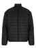 A black men's puffer jacket featuring a full zip, high collar, and zippered pockets. The jacket has a smooth, quilted design.
