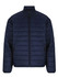 A navy puffer jacket for men featuring a zip-up front, stand collar, and side pockets. It has a simple logo.