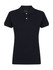 A navy blue ladies' polo shirt featuring a classic collar and three-button placket. It has a logo on the chest.