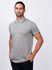 A men's grey polo shirt with contrasting trim and a logo on the chest, styled on a male model.
