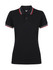 A black ladies polo shirt with a collar and striped detailing in red and white. It features a logo on the chest.