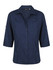 A navy blue ladies 3/4 sleeve button-up shirt featuring a collar and a logo.