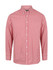 A long sleeve button-up shirt in red and white check pattern with a collar and a logo.