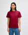 A unisex heavyweight cotton t-shirt in a deep burgundy colour, displayed on a model with straight black hair.