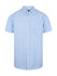 Short-sleeve button-up shirt in light blue and white gingham pattern, featuring a logo on the chest.
