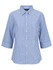 A button-up shirt featuring a blue and white check pattern, with 3/4 sleeves and a collar. It has a logo on the label.