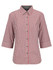 A red, black, and white checkered ladies' 3/4 sleeve button-up shirt with a logo.