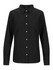 A black ladies' long sleeve button-up shirt featuring a collar and front button closure, with a logo visible.