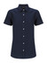 A navy short sleeve shirt with a button-up front and a collar, featuring a logo on the label.