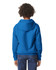 A blue youth hooded sweatshirt with a plush texture, featuring a hood and a logo on the back.