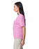 A pink heavyweight adult T-shirt displayed on a model in profile view. The shirt has short sleeves and a casual fit.