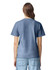 A blue heavyweight t-shirt viewed from the back, made from durable material. Features a logo on the back.