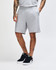 Light grey unisex gym shorts with an elastic waistband and side pockets, displayed on a model from the side.