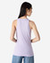 A women's racerneck tank in light purple, featuring a logo, showcased from the back view.