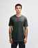 A unisex Henley T-shirt in a dark grey colour with a three-button placket and short sleeves. It features a logo.