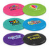 A set of six flying discs in pink, blue, purple, and black, featuring various logos and designs.