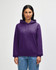 A purple Gildan Heavy Blend adult hooded sweatshirt with a front pocket and a logo on the sleeve.
