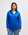 A blue Gildan Heavy Blend adult full zip hooded sweatshirt on a model, featuring a front pocket and a logo.