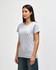 A grey ladies' t-shirt with a crew neck and short sleeves, worn by a model, featuring a logo.