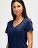 A navy Gildan Softstyle ladies' V-neck T-shirt displayed on a model, featuring a fitted design and short sleeves.