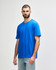 A midweight adult T-shirt in blue, featuring a round neck and short sleeves, with a logo on the side.
