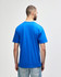 A back view of a midweight t-shirt in blue with yellow sides, featuring a logo.