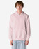 A unisex hooded sweatshirt in light pink, featuring a front pocket and a logo.
