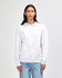 A unisex hooded sweatshirt in white, featuring a front pocket and a logo.