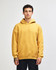 A unisex hooded sweatshirt in mustard yellow with a front pocket and a logo.