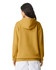 A unisex hooded sweatshirt in mustard yellow, featuring a spacious fit and a hood at the back. It has a branding logo.