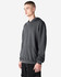 A unisex hooded sweatshirt in a dark grey colour, featuring a pouch pocket and a logo.