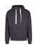 A dark grey brushed heavy fleece hoodie with a front pocket and white drawstrings. It features a logo.