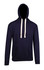 A navy blue men's hoodie with a front pocket and drawstring hood. It features a logo but no visible text.