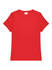 A red ladies' t-shirt with a simple design and short sleeves, featuring a tag at the neckline.