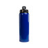 A drink bottle in a shiny blue finish with a black flip straw lid and a secured top. It features a logo.